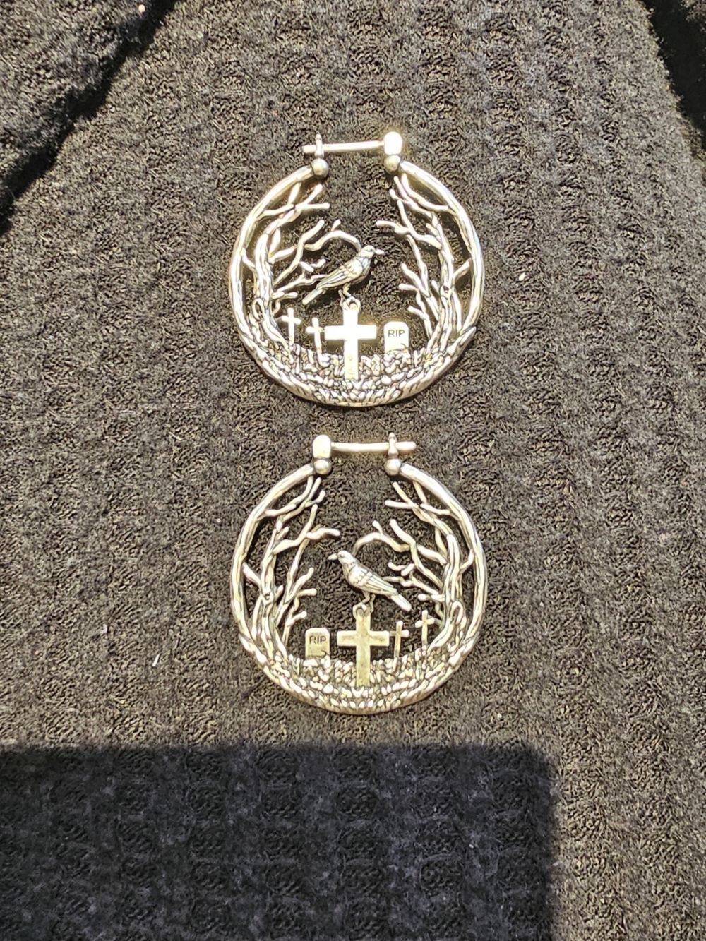 Gothic Silver Raven Hoop Earrings with Cemetery Motif